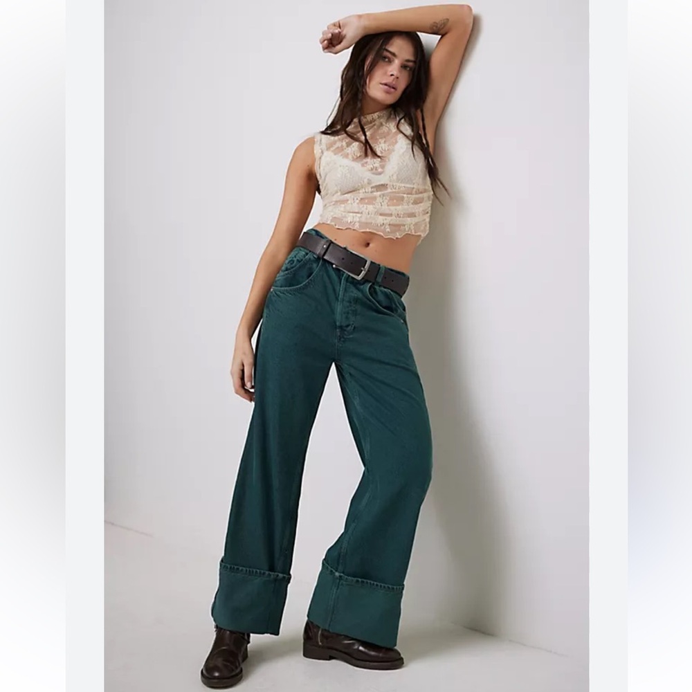 NWT We The Free Baggy Wide Leg Cuffed Jeans in Seaglass Green